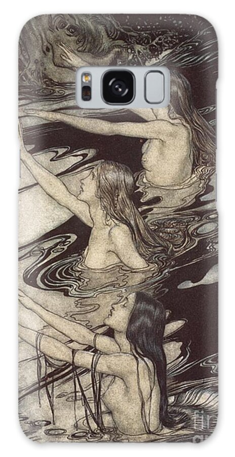 Der Ring Des Nibelungen; The Ring Of The Nibelung; Myth; Legend; Opera; The Ring Cycle; Richard Wagner; Norse Mythology; Female; Characters; Rhinemaidens; Illustration; Waving; Swimming; The Twilight Of The Gods; River Rhine; Water; Water-nymphs; Nymphs Galaxy Case featuring the drawing Siegfried Siegfried Our warning is true flee oh flee from the curse by Arthur Rackham