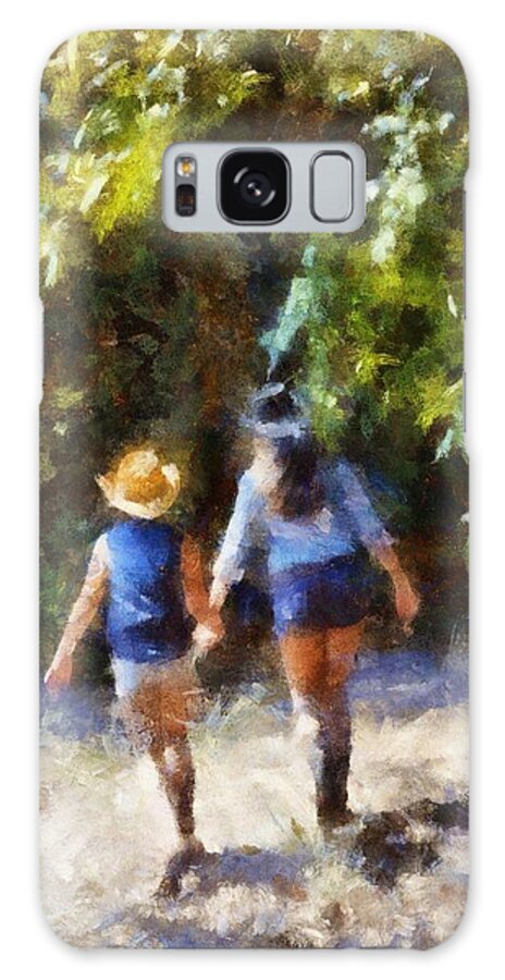 Painting Of Two Sisters Walking Hand In Hand In The Woods Galaxy Case featuring the digital art Sisters by Carrie OBrien Sibley