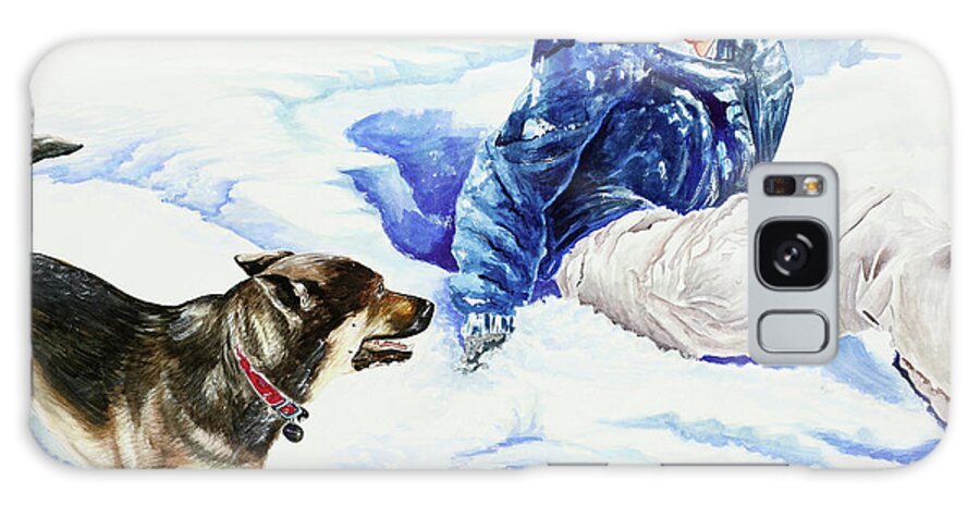 Snow Galaxy Case featuring the painting Snow Play Sadie and Andrew by Carolyn Coffey Wallace