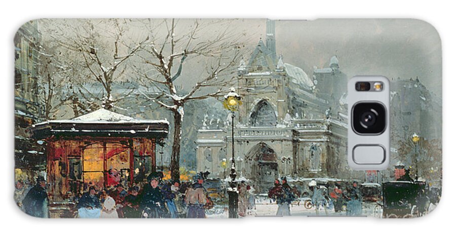 Gas Light Galaxy Case featuring the painting Snow Scene in Paris by Eugene Galien-Laloue