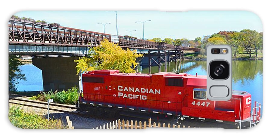 Solo Galaxy Case featuring the photograph Solo Red Canadian Pacific Engine along Rock River in Rockford by Jeff at JSJ Photography