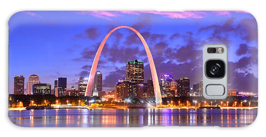 #faatoppicks Galaxy Case featuring the photograph St. Louis Skyline at Dusk Gateway Arch Color Panorama Missouri by Jon Holiday