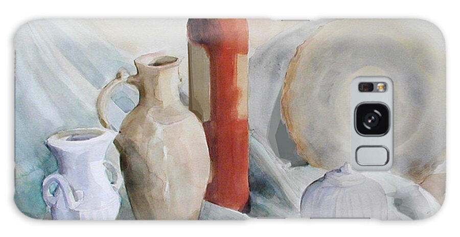 Watercolor Greta Corens Galaxy Case featuring the painting Watercolor Still life with Pottery and Stone by Greta Corens