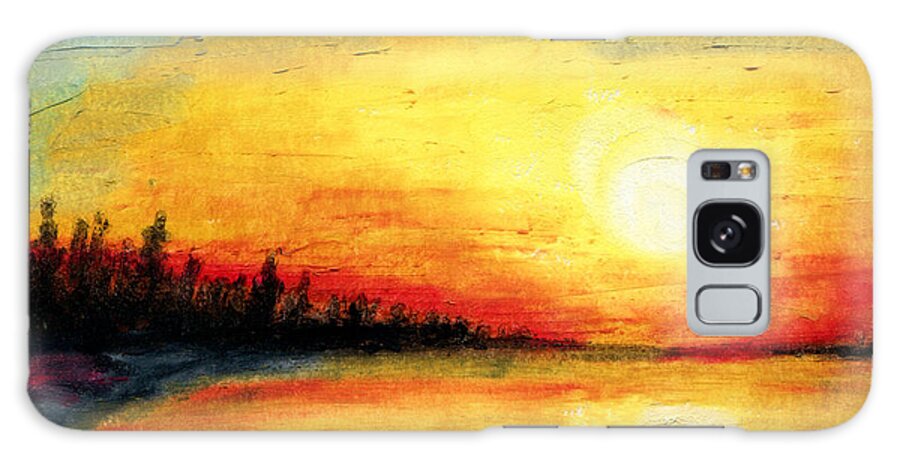 Sunset Beautiful Art Lake View Sun Artwork America R Kyllo Harbor Summer Oil Pastel Color Beach Autumn Water Silhouette Scene Red Pines Light Forest Woods Woodland Wilderness Warm Trees Tree Tranquility Tranquil Surface Spruce Serene Season Remote Point Peaceful Peace Outdoors Outdoor Orange Nature Natural Luminous Luminism Landscape Golden Gold Freshwater Forested Fir Environment Dawn Bright Impasto Galaxy Case featuring the painting Sun Over the Lake by R Kyllo