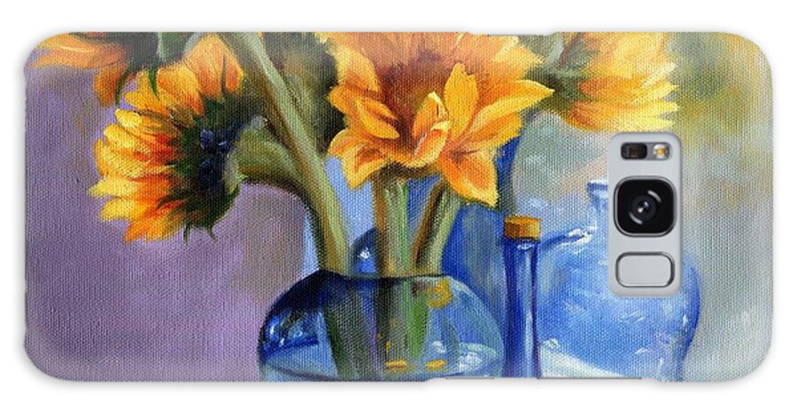 Still Life Galaxy S8 Case featuring the painting Sunflowers and Blue Bottles by Marlene Book
