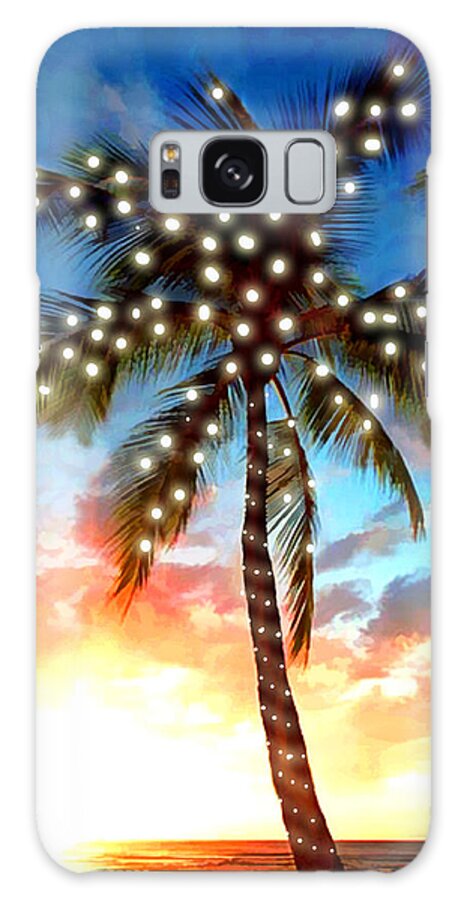 Wreath Galaxy Case featuring the painting Sunset Palm Tree with Xmas Lights Stamp by Elaine Plesser