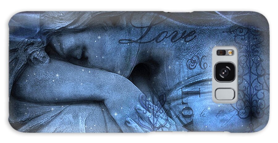 Angel Galaxy Case featuring the photograph Surreal Blue Sad Mourning Weeping Angel Lost Love - Starry Blue Angel Weeping With Love Script by Kathy Fornal