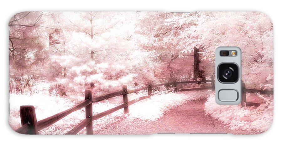 Infrared Photograph Galaxy Case featuring the photograph Surreal Dreamy Fantasy Pink Infrared Path Fence Landscape by Kathy Fornal