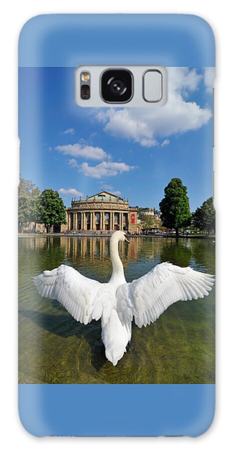 Swan Galaxy Case featuring the photograph Swan spreads wings in front of State Theatre Stuttgart Germany by Matthias Hauser