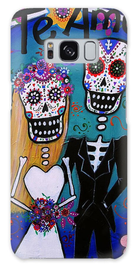 Wedding Couple Day Of The Dead Dia De Los Muertos Anniversary Gift Te Amo Prisarts Pristine Cartera Turkus Bride Flowers Blooms Love Mexican Art Folk Town For Sale Original Blond Lady Bride And Groom Heart Outdoor Beach Affair Love Special Day Galaxy Case featuring the painting Te Amo Wedding Dia De Los Muertos by Pristine Cartera Turkus