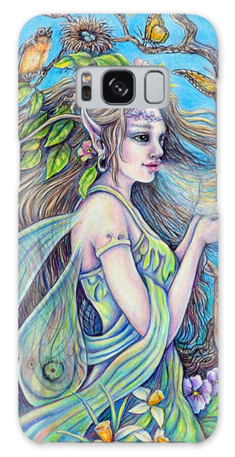 Nature Fairy Paintings Colored Pencil Spring Butterflies Flowers Doe Deer Bird Robin Green Magic Galaxy S8 Case featuring the painting The Breath Of Spring by Gail Butler