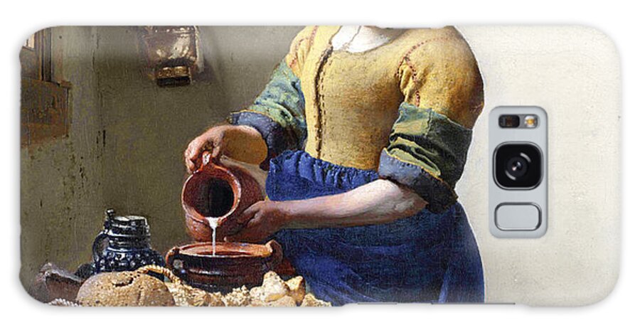 Female Portrait; Kitchen; Scullery; Interior; Bread Basket; Table; Loaf; Bonnet; Servant; Pouring; Milk; Maid; Domestic; Rustic; La Laitiere Galaxy Case featuring the painting The Milkmaid by Jan Vermeer