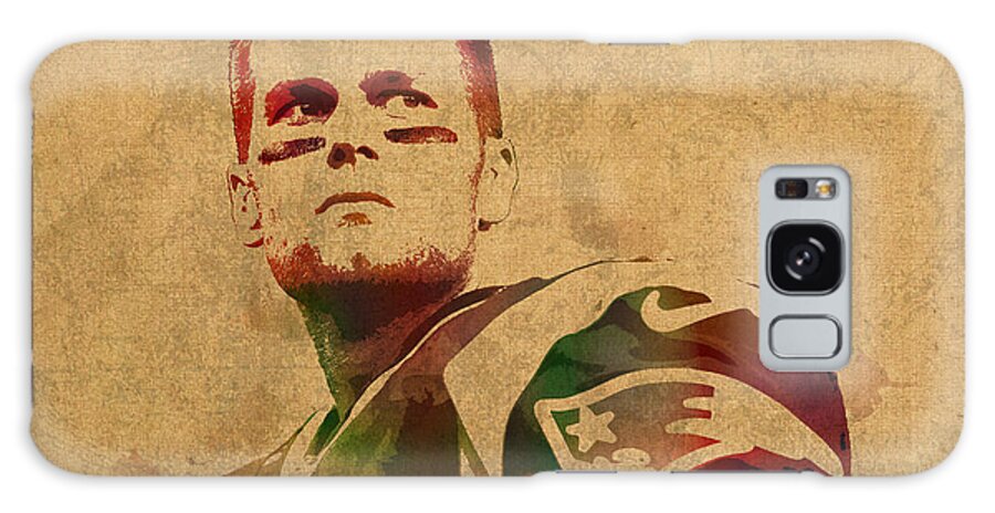 Tom Brady Galaxy Case featuring the mixed media Tom Brady New England Patriots Quarterback Watercolor Portrait on Distressed Worn Canvas by Design Turnpike