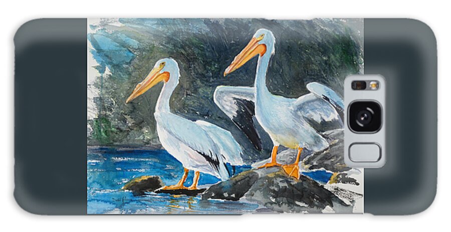 White Pelicans Galaxy Case featuring the painting Twin Pelicans by Daniel Adams by Daniel Adams