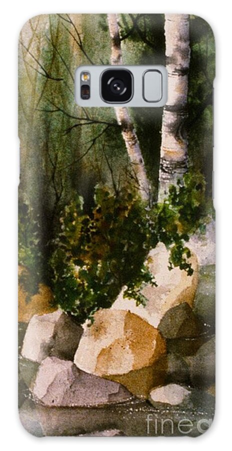 Two Birch By Rocky Stream Galaxy Case featuring the painting Two Birch by Rocky Stream by Teresa Ascone