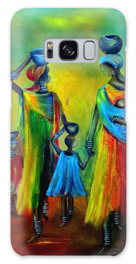 Mother And Child Galaxy Case featuring the painting Two little girls carrying water by Marietjie Henning