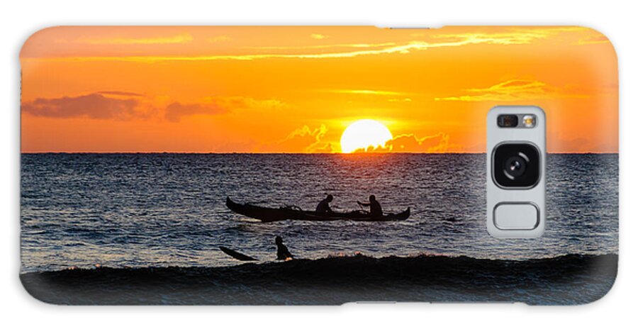 Hawaii Galaxy Case featuring the photograph Two men paddling a Hawaiian outrigger canoe at sunset on Maui by Don Landwehrle