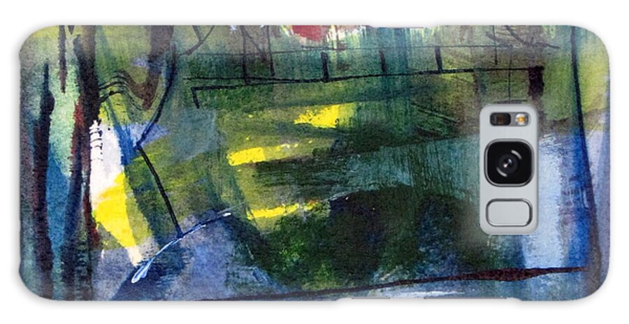 Small Abstract In Blues With Yellow And Accents Of Red Galaxy Case featuring the painting Visions of bridges and cities from the shadows of my mind by Betty Pieper