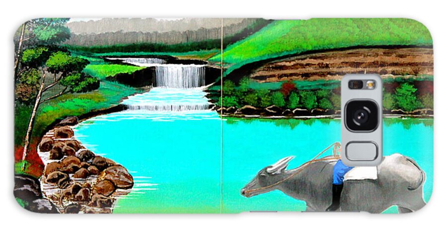 Landscape Galaxy Case featuring the painting Waterfalls and Man Riding a Carabao by Cyril Maza