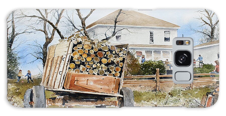 A Wagon Load Of Wood Sets In The Backyard Of A Farmhouse. Friends And Family Are Gathered On The Back Porch. Galaxy Case featuring the painting Wood Wagon by Monte Toon