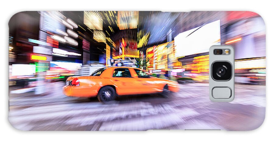 Blurred Motion Galaxy Case featuring the photograph Yellow Taxi Cab In Times Square, New by Fred Froese