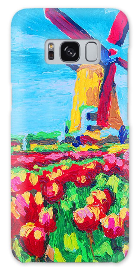 Holland Galaxy Case featuring the painting Windmill and Tulips #1 by Tommy Midyette