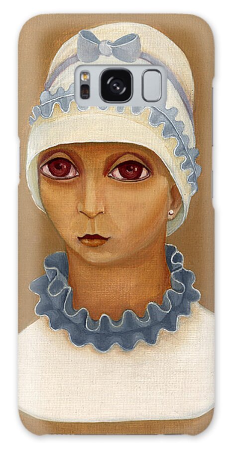 Colorful Galaxy Case featuring the painting Colorful young woman brown eyes blue white hat collar with ribbon small lips by Rachel Hershkovitz