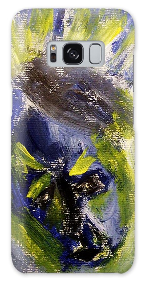 Expression Galaxy Case featuring the painting Despondent Expressionistic Portrait Figure in Blue and Yellow Religious Symbols of Glory Bursting by M Zimmerman MendyZ