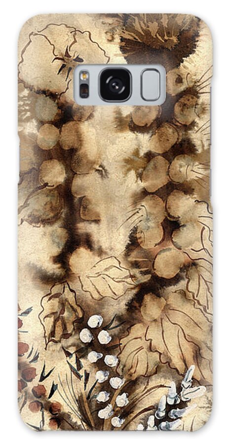 Kotsim Galaxy S8 Case featuring the painting Kotsim thorny desert plants in brown flowers leaves monochrome white  by Rachel Hershkovitz