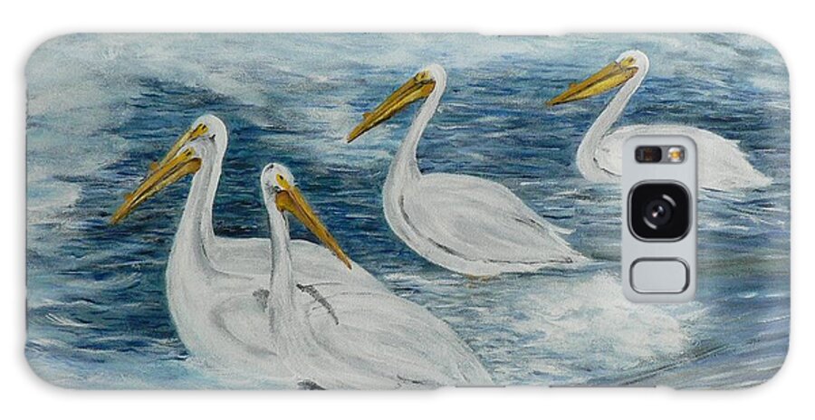 Pelicans Galaxy Case featuring the painting Pelicans Feeding by Donna Muller
