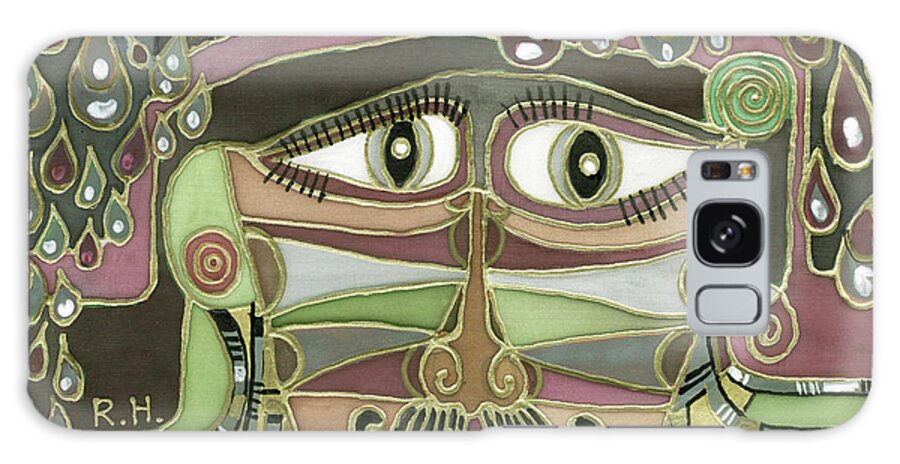 Surprize Galaxy Case featuring the painting Surprize Drops surrealistic green brown face with liquid drops large eyes mustache by Rachel Hershkovitz