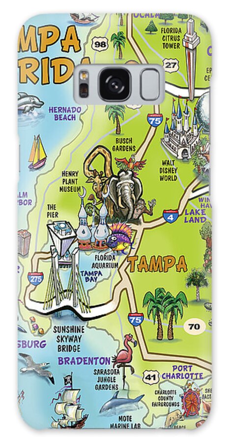 Tampa Galaxy Case featuring the painting Tampa Florida Cartoon Map by Kevin Middleton