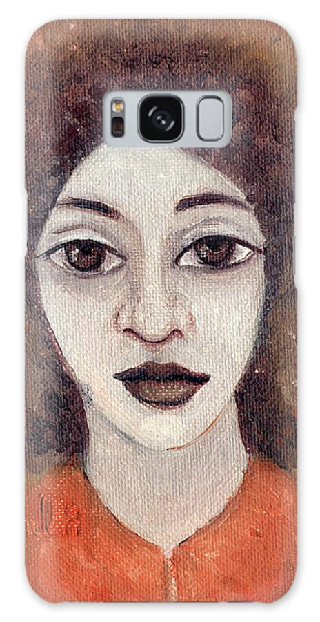 Woman Galaxy Case featuring the painting Woman with large dark brown eyes and hair orange shirt dark eyebrows by Rachel Hershkovitz