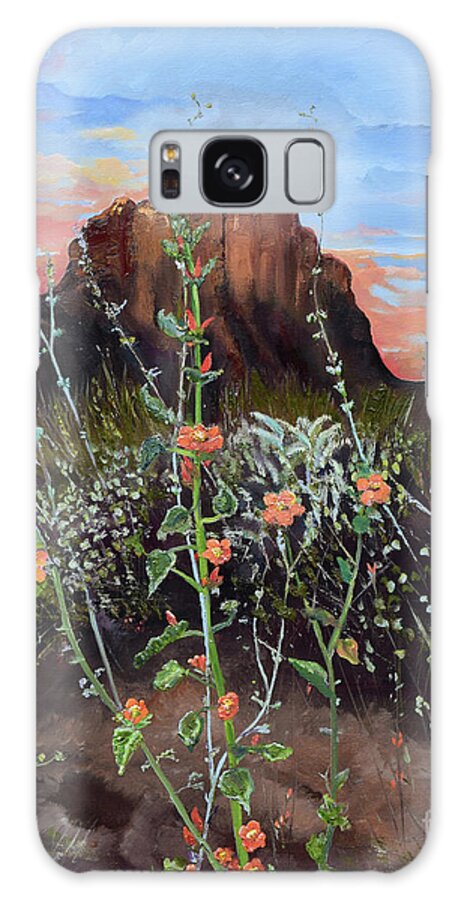 Landscape Galaxy Case featuring the painting Arizona Desert Flowers-Dwarf Indian Mallow #1 by Jan Dappen