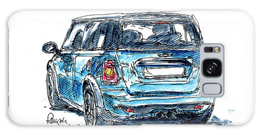 Mini Galaxy Case featuring the drawing MINI Cooper S Car Ink Drawing and Watercolor by Frank Ramspott
