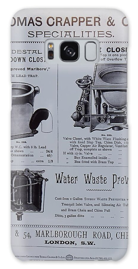Poster Sign Advert Promotion Price List Victorian Wc Plumbing Equipment Toilet Water Closet Chelsea London Pounds Shillings Pence Galaxy Case featuring the photograph Thomas Crapper Water Closet Poster #1 by Jeff Townsend