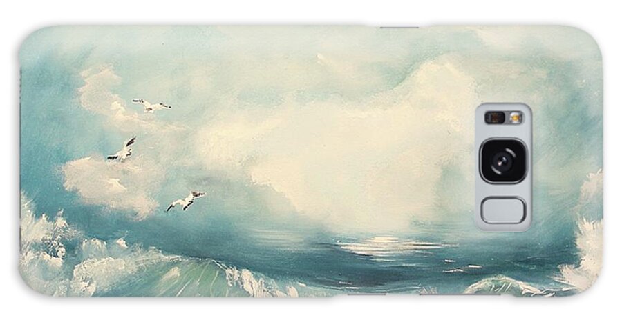 Tide Ocean Wave Water Seascape Painting Acrylic On Canvas Cloud Blue Color Oceanview Seagull Seaside Atlantic Print Galaxy Case featuring the painting Tide #2 by Miroslaw Chelchowski