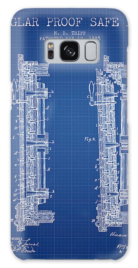 Bank Safe Galaxy Case featuring the digital art 1885 Bank Safe Door Patent - blueprint by Aged Pixel