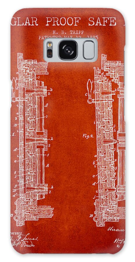 Bank Safe Galaxy Case featuring the digital art 1885 Bank Safe Door Patent - red by Aged Pixel