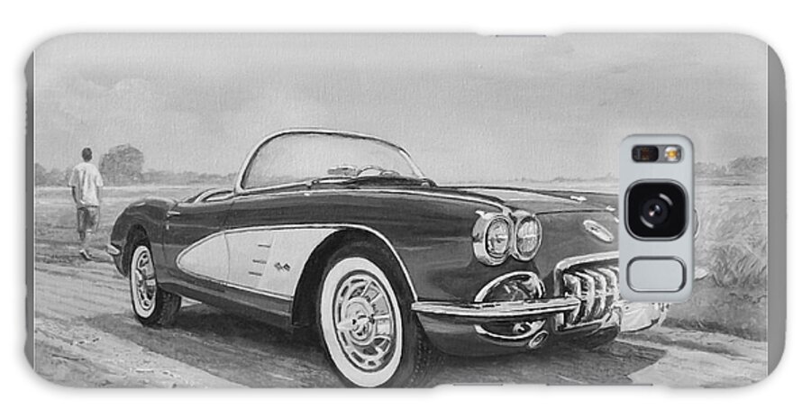 Vintage Galaxy Case featuring the painting 1959 Chevrolet Corvette Cabriolet In Black and White by Sinisa Saratlic