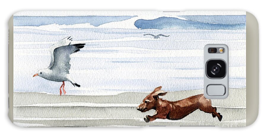 Dachshund Running Playing Seagull Beach Ocean Waves Shore Pet Dog Breed Canine Art Print Artwork Painting Watercolor Gift Gifts Picture Galaxy Case featuring the painting Dachshund at the Beach by David Rogers