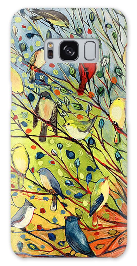 Bird Tree Rainbow Red Green Blue Peach Cardinal Chickadee Sparrow Robin Friends Galaxy Case featuring the painting 27 Birds by Jennifer Lommers