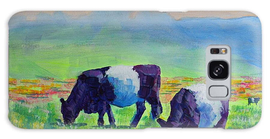 Belted Galloway Cow Galaxy Case featuring the painting Belted Galloway Cows Under Orange Sky by Mike Jory