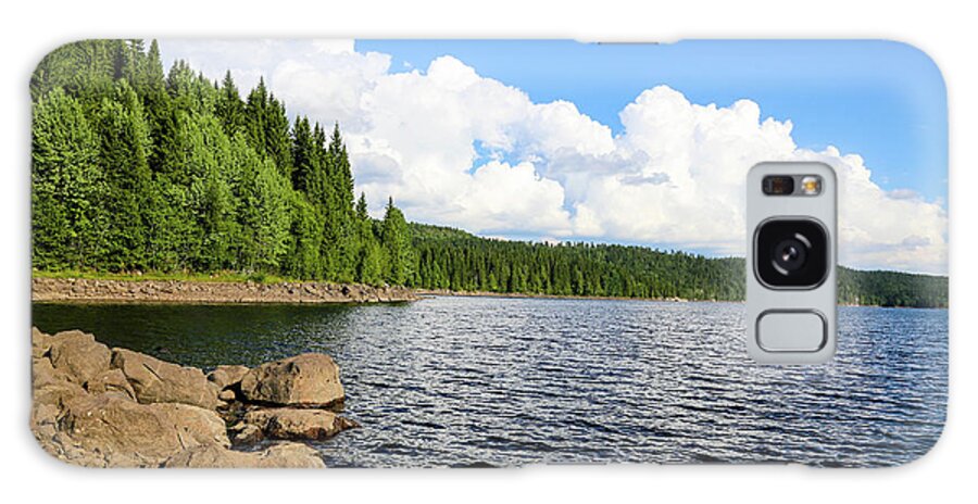 Lake Trees Forrest Rocks Rock Woods Summer Plant Countryside Sky Reflection Clouds Blue Green Cream Yellow Grey Sky Clouds White Grey Brown Black Summer Day Daytime Hike Fieldtrip Panorama Reflection Outdoors Nature Landscape Trees View Nordmarka Norway Scandinavia Europe Lake Trees Forrest Woods Water Waves Photo Photography Clouds Cloud Galaxy Case featuring the digital art A Bright Summer Day by Jeanette Rode Dybdahl