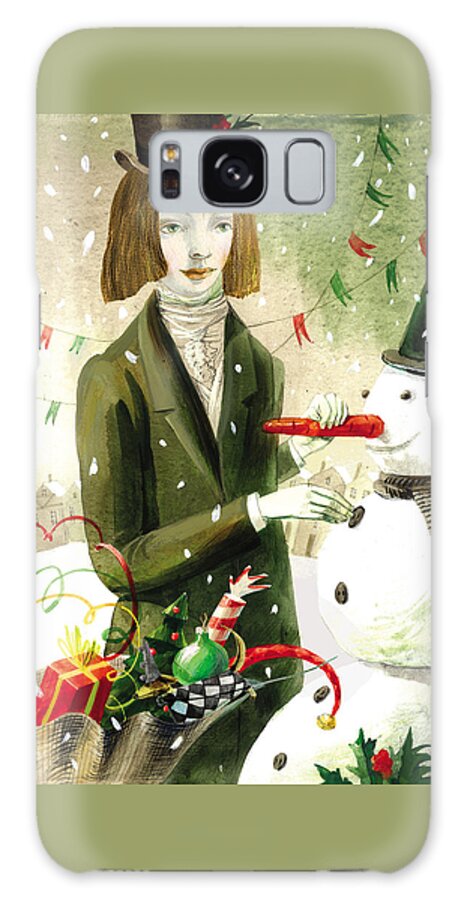 Girl Galaxy Case featuring the painting A Girl with a Snowman by Victoria Fomina