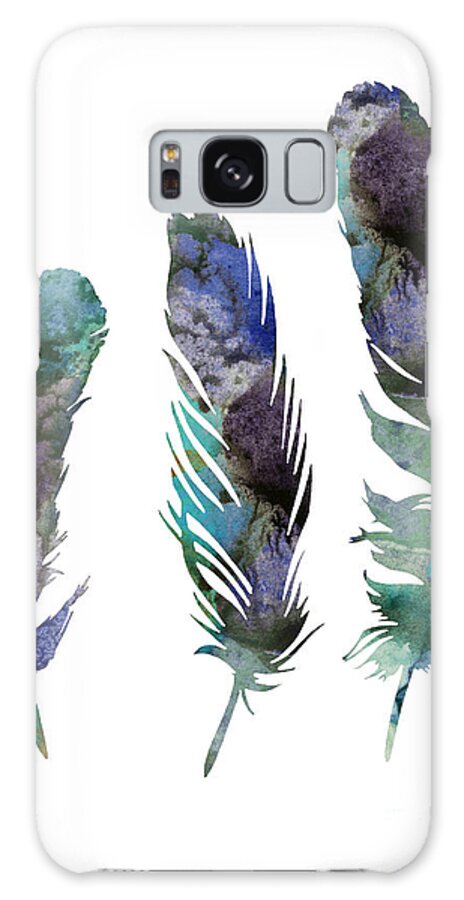 Feather Galaxy Case featuring the painting Abstract three feathers watercolor painting by Joanna Szmerdt