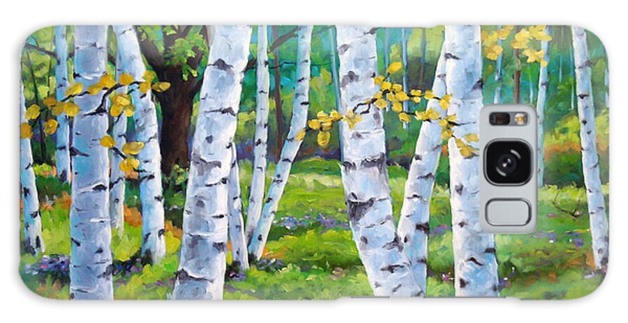 Birche; Birches; Tree; Trees; Nature; Landscape; Landscapes Scenic; Richard T. Pranke; Canadian Artist Painter Galaxy Case featuring the painting Alpine flowers and birches by Richard T Pranke