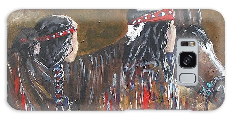 American Indian Family Apache Indians Horse Child Woman Man Walking Brown Sky Mountains Waterfall Wandering Evening Caring Sunset Red Colors Acrylic On Canvas Painting Print Blue Braid Tress Hair Feather American Native Culture Hair Band Baby Galaxy S8 Case featuring the painting American Indians Family by Miroslaw Chelchowski
