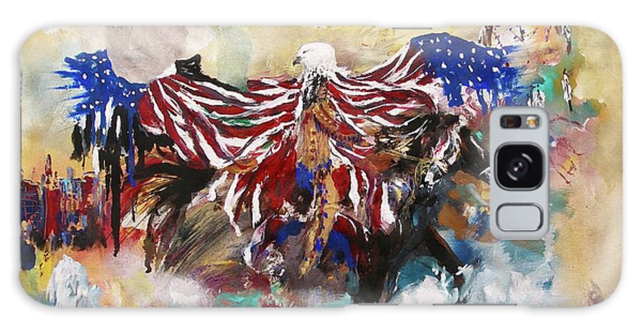 American Pride Flag Eagle Indian Horse New York George Washington President History Wave Ocean Abstract Painting Indian Symbol City Statue Liberty Freedom Blue Red White American Eagle Miroslaw Chelchowski Galaxy Case featuring the painting American Pride by Miroslaw Chelchowski