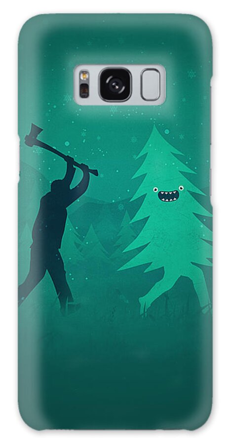 Cute Galaxy Case featuring the digital art Funny Cartoon Christmas tree is chased by Lumberjack Run Forrest Run #1 by Philipp Rietz